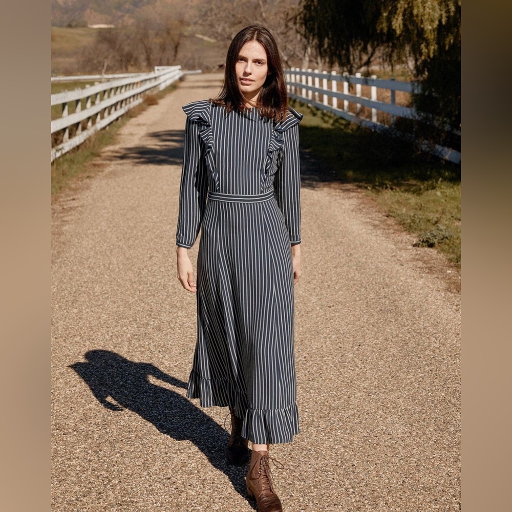 Christy Dawn Navy Pinstripe Long Sleeve Ruffle Maxi Dress
